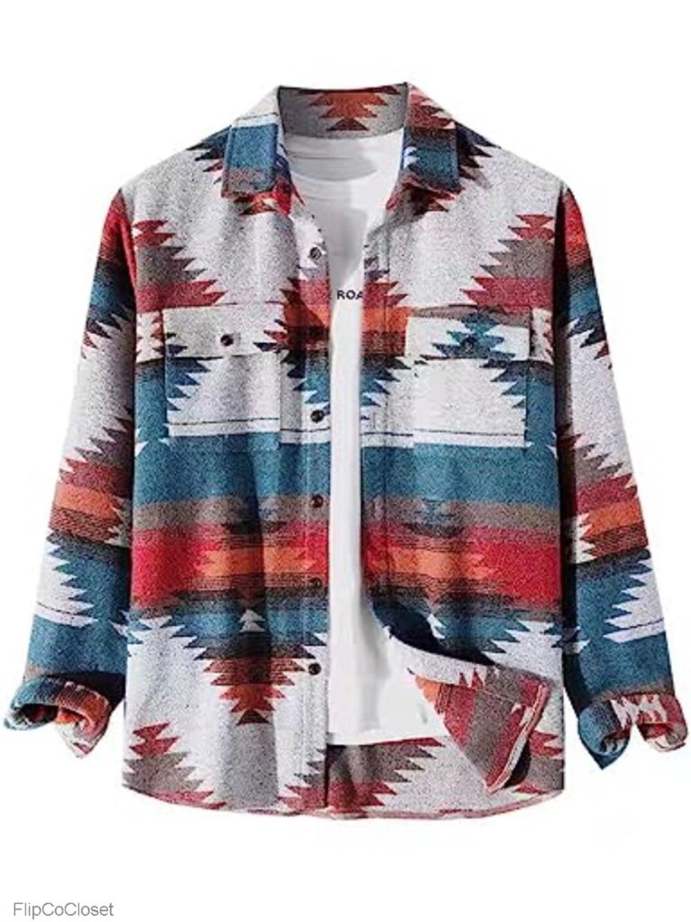 Aztec Western Shacket Jacket Button Down Wool Blend Casual